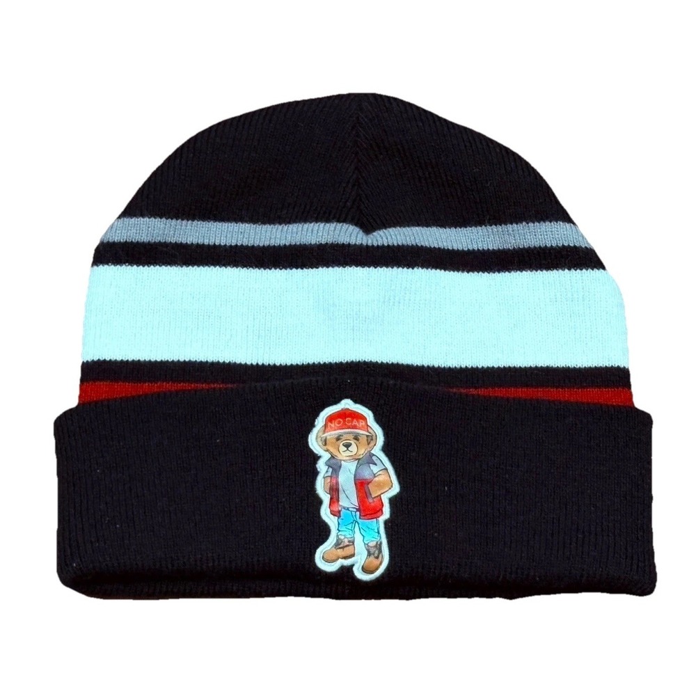 Hustle No Cap Bear Beanie Black White Red Bailey Apparel